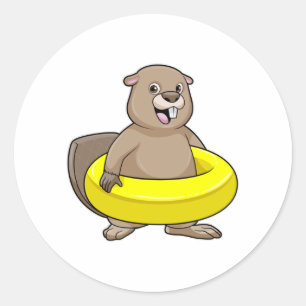 Beaver bij Zwemmen met Zwemring Ronde Sticker