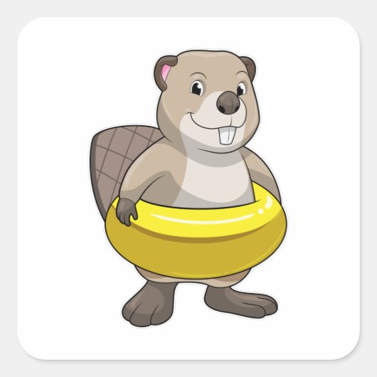 Beaver bij Zwemmen met Zwemring Vierkante Sticker (Voorkant)