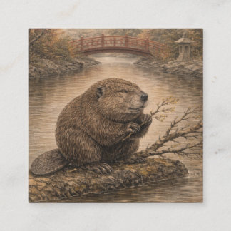 Beaver Japanese Landscape Card Vierkante Visitekaartje