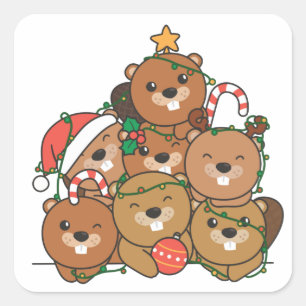 Beaver-kerstboom Funny Animal Kerstmis Squar Vierkante Sticker