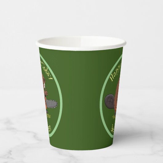 Beaver met geketende grappige illustratie van cart papieren bekers (Links)