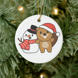 Beaver met Snowman in de winter op keramiek Keramisch Ornament
