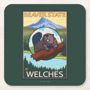 Beaver & Mt. Hood - Welches, Oregon Vierkante Kartonnen Onderzetter