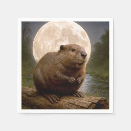 Beaver On a Log With Full Moon Servet (Voorkant)