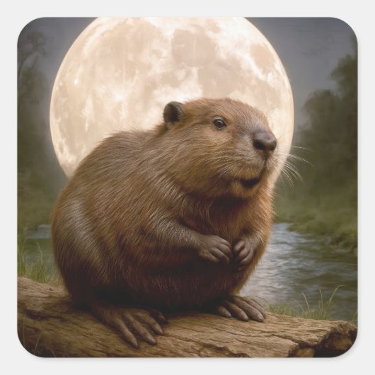 Beaver On a Log With Full Moon Vierkante Sticker (Voorkant)