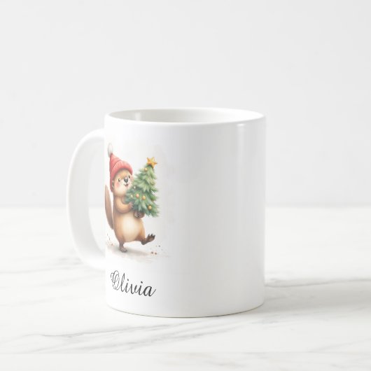 Beaver with Christmas Tree Custom Name Koffiemok (Voorkant links)