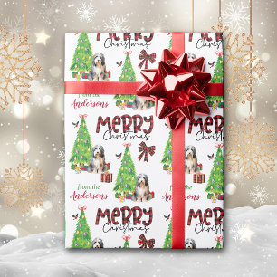 Bebaarde Collie Hond, Vogel, en Kerstboom Cadeaupapier