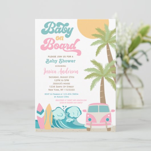 Bébé à bord Surf bébé douche Invitations Fille (Debout devant)