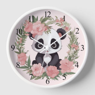 Bébé adorable Panda Ours avec Fleurs Horloge mural