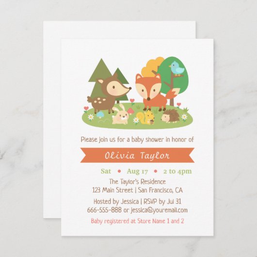 Bébé animal Bois doux Invitations de douche (Devant / Derrière)