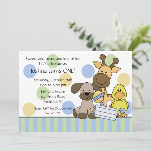 Bébé Animaux 1er anniversaire Invitation de fête (Debout devant)