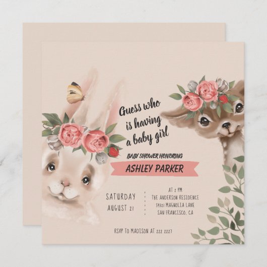 Bébé Animaux Avec Fleurs Invitation (Devant / Derrière)