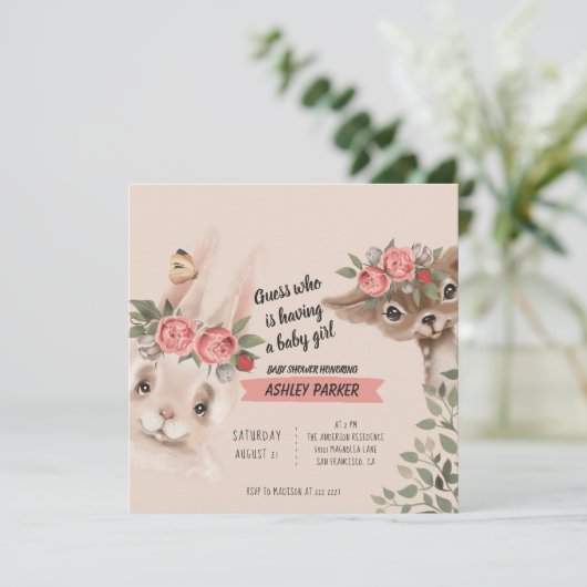 Bébé Animaux Avec Fleurs Invitation (Debout devant)