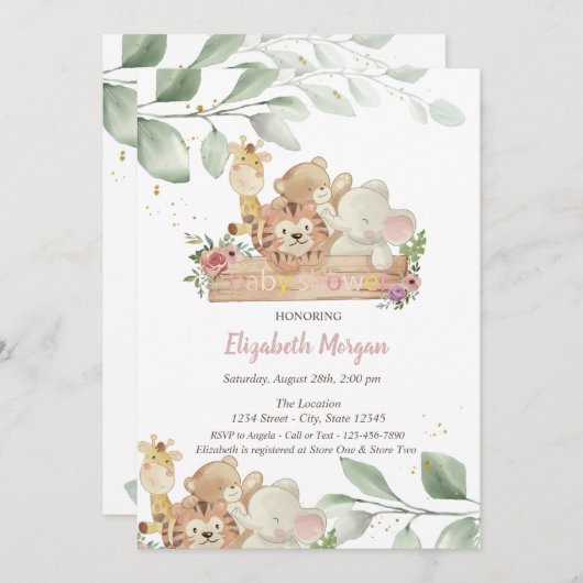 Bébé Animaux Forêt Feuilles Baby shower Invitation (Devant / Derrière)
