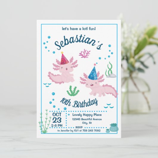 Bébé Axolotl Blanc Anniversaire Fête Invitation (Debout devant)