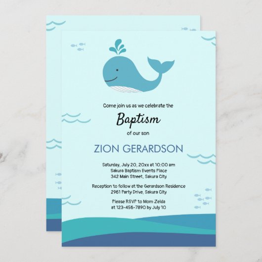 Bébé Baleine sous la mer Baptême Invitation (Devant / Derrière)