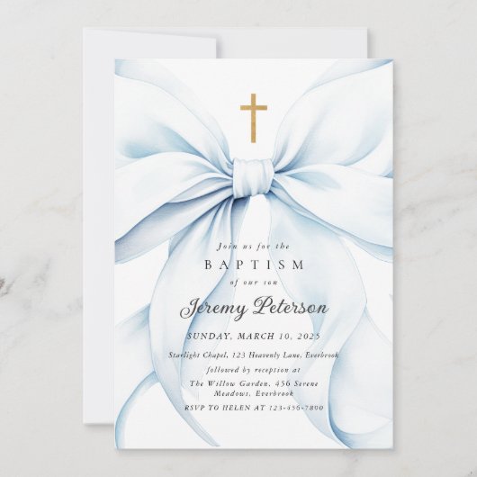 Bébé Baptême Bleu Bow Invitation (Devant)