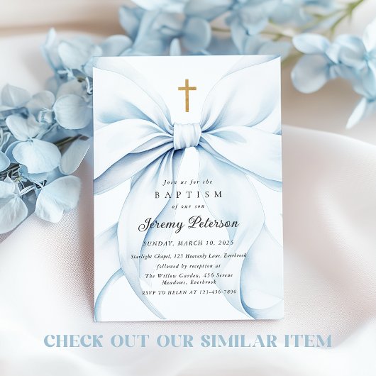 Bébé Baptême Bleu Bow Invitation