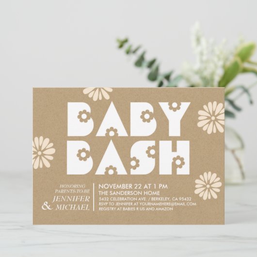 Bébé Bash | Invitations de douche bébé Papier Kraf (Debout devant)