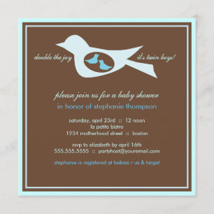 Bébé Birdie Twin Boys Baby shower Bleu Invitation