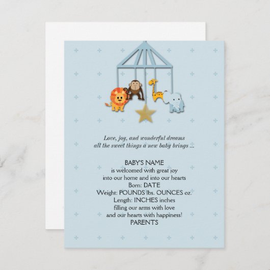 Bébé bleu animal mobile Faire-part bébé (Devant / Derrière)