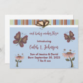 Bébé bleu Faire-part de naissance à fleurs papillo (Devant / Derrière)