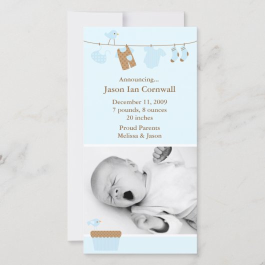 Bébé bleu Faire-part de naissance de blanchisserie (Devant)