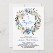 Bébé bleu Floral Boy Baptême Invitation (Devant)