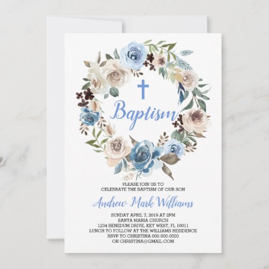 Bébé bleu Floral Boy Baptême Invitation (Devant)