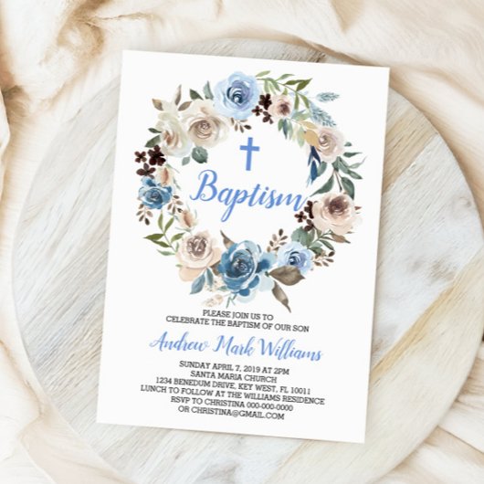 Bébé bleu Floral Boy Baptême Invitation