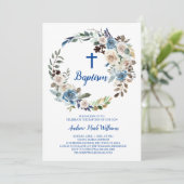 Bébé bleu Floral Boy Baptême Invitation (Debout devant)
