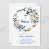 Bébé bleu Floral Boy Baptême Invitation (Devant / Derrière)