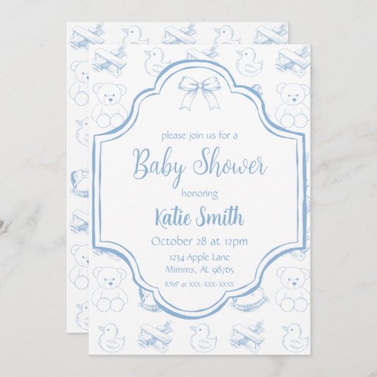 Bébé bleu garçon douche Invitation (Devant / Derrière)