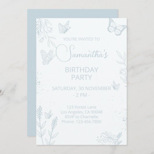 Bébé Bleu Papillon Anniversaire Invitation (Devant / Derrière)