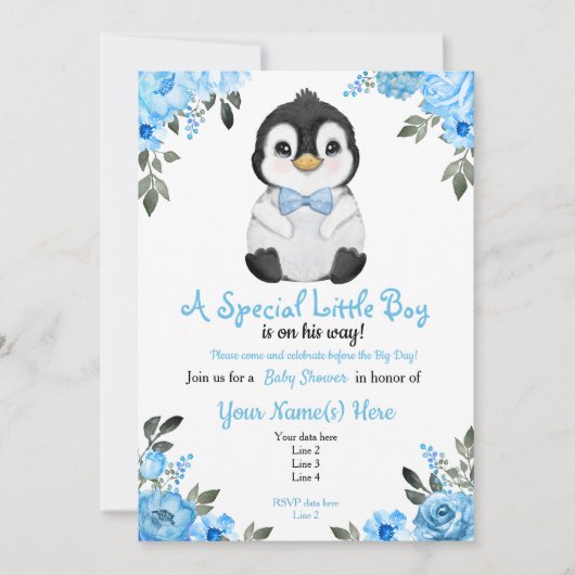Bébé bleu Penguin Douche invitation Invitation (Devant)