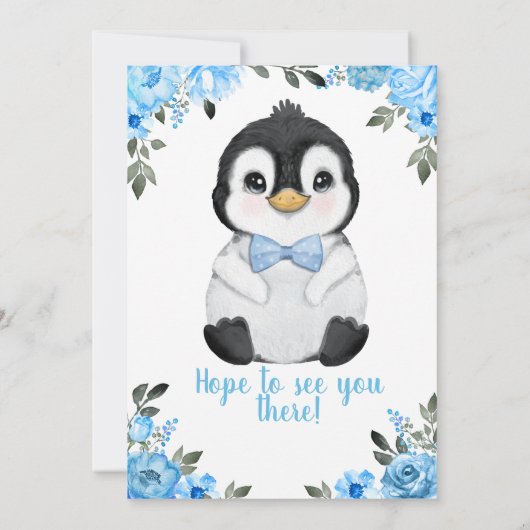 Bébé bleu Penguin Douche invitation Invitation (Dos)