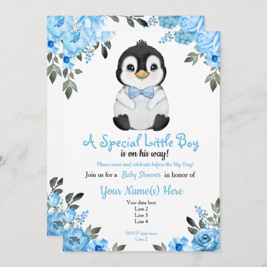 Bébé bleu Penguin Douche invitation Invitation (Devant / Derrière)