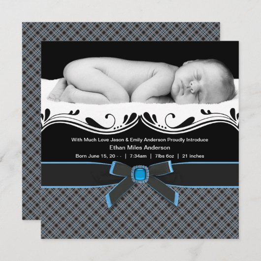Bébé bleu plaid Boy Photo Faire-part de naissance (Devant / Derrière)