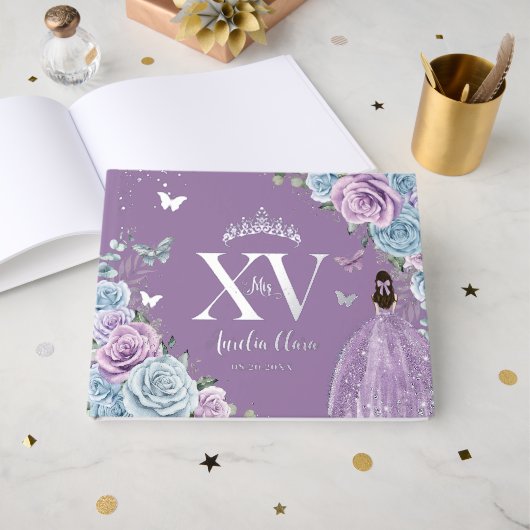 Bébé Bleu pourpre Lilac Floral Argent Quinceañera (Recto ouvert)