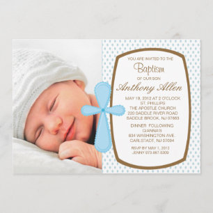 Bébé Blue Polka Dot Boys Photo Baptism Invitation