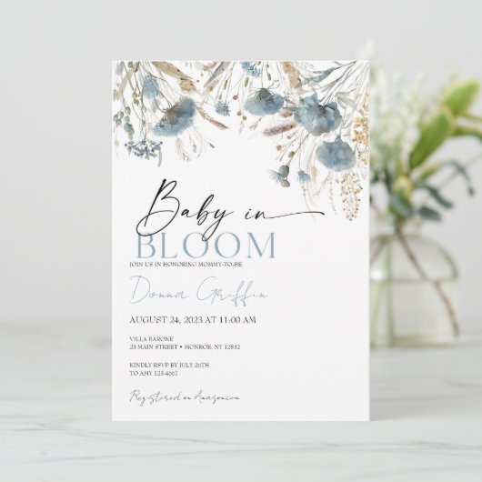 Bébé Boho Bleu En Fleur Invitation (Debout devant)