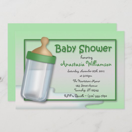 Bébé Bouteille Vert Bébé Douche Invitations (Devant / Derrière)