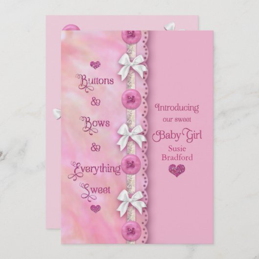 Bébé Boutons et vaches Faire-part rose (Devant / Derrière)