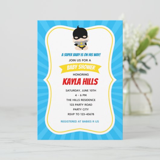 Bébé Boy Shower Invitations (Superhero) Bleu (Debout devant)