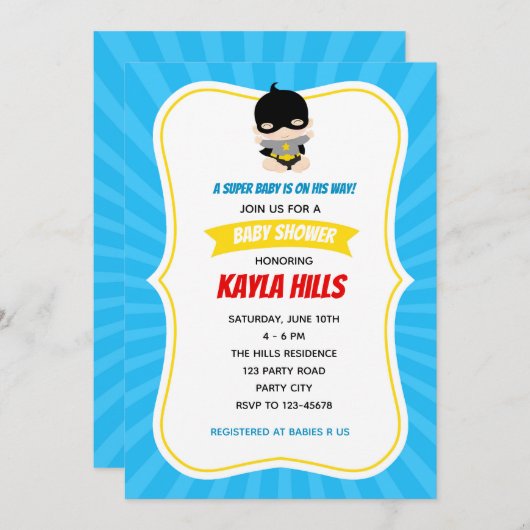 Bébé Boy Shower Invitations (Superhero) Bleu (Devant / Derrière)