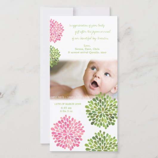 Bébé Carte de remerciements rose et vert Dahlia Fl (Devant)