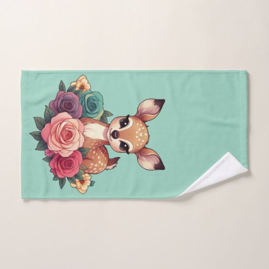 Bébé cerf avec Roses et feuillage vert (Serviette à main)