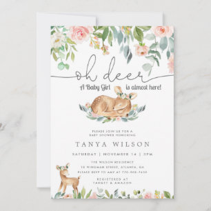 Bébé cerf fille Baby shower floral Invitation