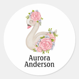 Bébé Cygne Mignon avec des Roses Autocollant Rond