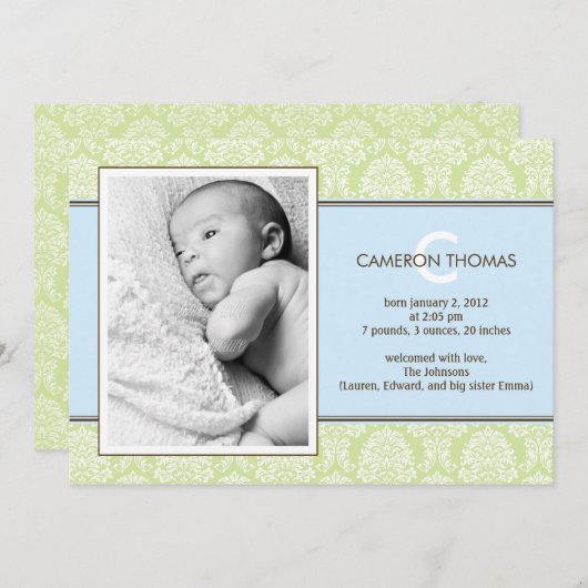 Bébé Damask Faire-part de naissance (Devant / Derrière)